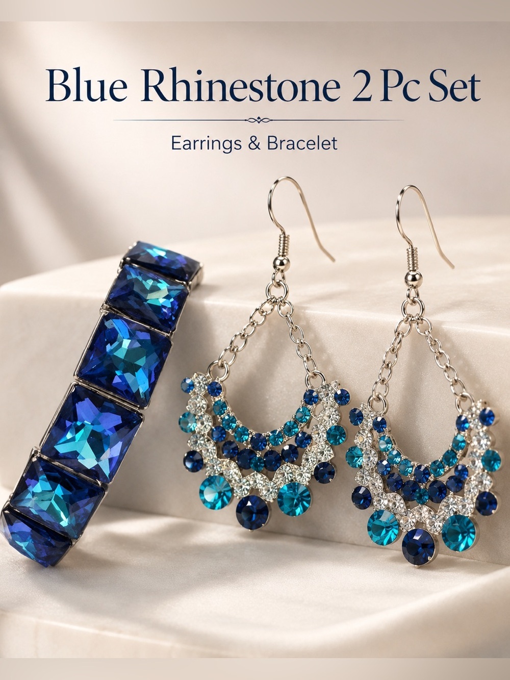 2pc set Teal and Navy Crystal Chandelier Earrings & bracelet set